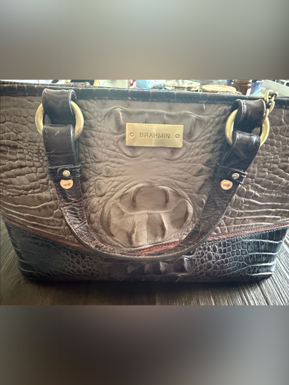 Brahmin Dark Brown Croc-Embossed Leather Mini Asher Messenger Bag